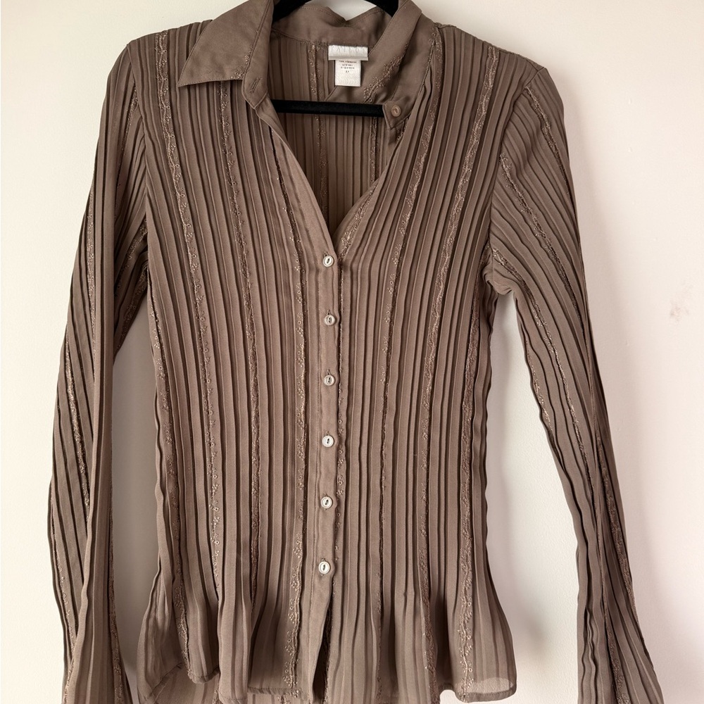 Tailor Vintage Brown Gray Ribbed Button Down Blouse